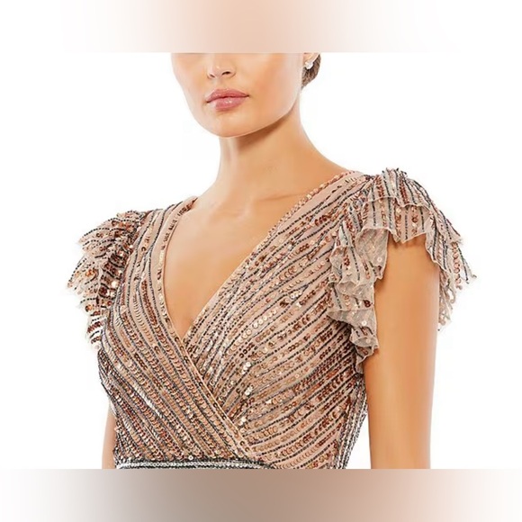 Mac Duggal 5502 Copper Sequined Wrap Over Flutter Cap Sleeve Gown Sz 12 $698 - Picture 3 of 12